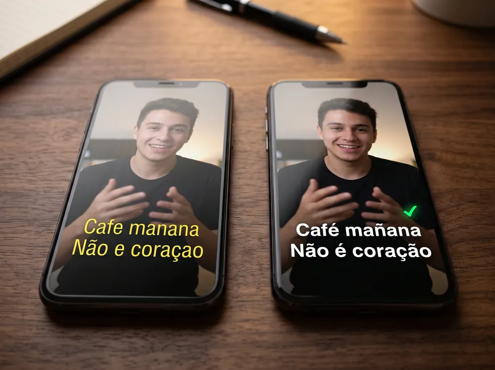 Dois celulares com o mesmo vídeo: à esquerda legendas embaralhadas, à direita legendas limpas e com acentos corretos
