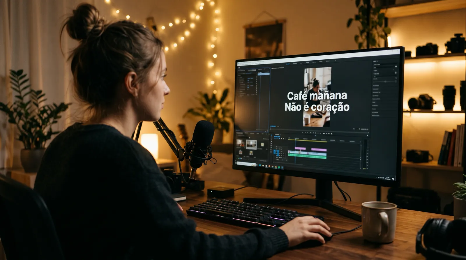 Uma criadora editando um vídeo vertical com legendas em um monitor grande