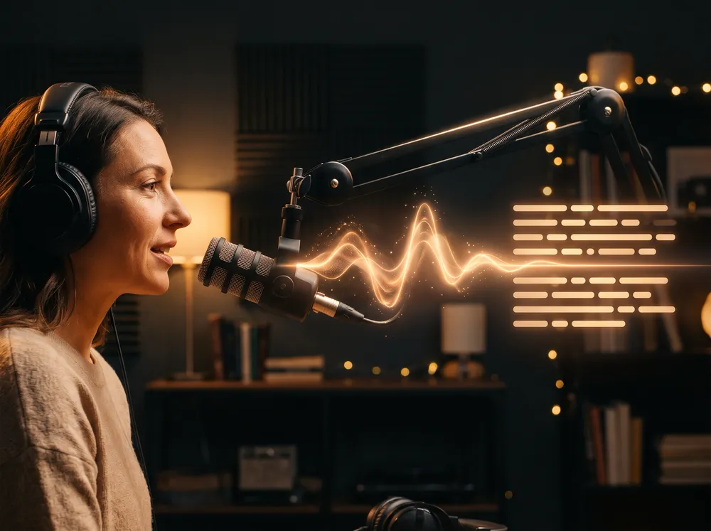 Uma podcaster ao microfone com o som virando linhas de texto